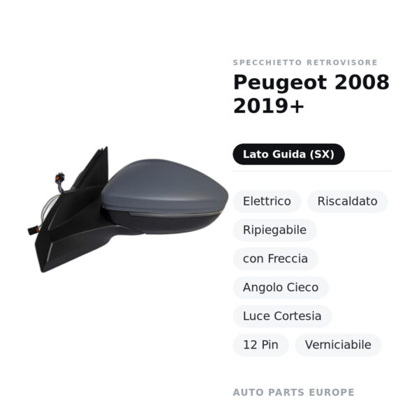 Außenspiegel Links Peugeot 2008 2019+ – Elektrisch, Beheizt, Klappbar, mit Blinker, Toter Winkel, Courtesy Light, 12 Pin