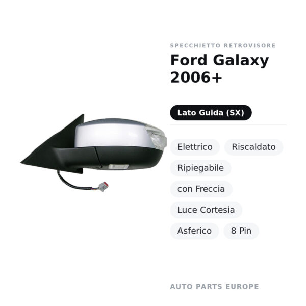 Specchietto Retrovisore Sinistro Ford Galaxy 2006+ – Elettrico, Riscaldato, Ripiegabile, con Freccia, Luce Cortesia