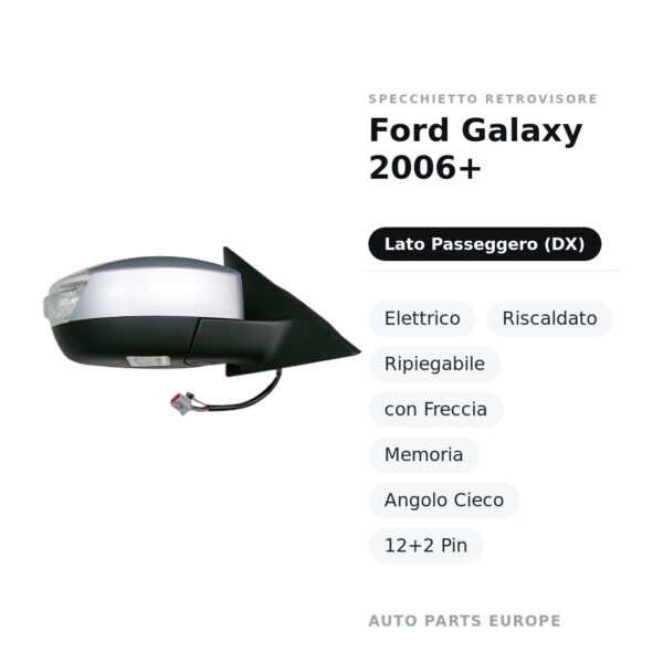 Specchietto Retrovisore Destro Ford Galaxy 2006+ – Elettrico, Riscaldato, Ripiegabile, con Freccia, Memoria, Angolo Cieco