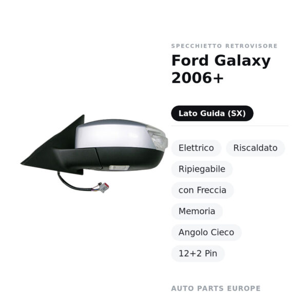 Außenspiegel Links Ford Galaxy 2006+ – Elektrisch, Beheizt, Klappbar, mit Blinker, Speicher, Toter Winkel, 12+2 Pin – Bild 2