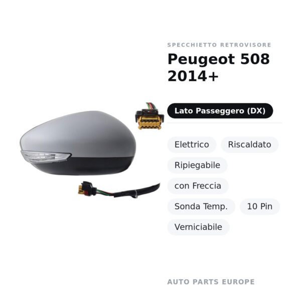 Außenspiegel Rechts Peugeot 508 2014+ – Elektrisch, Beheizt, Klappbar, mit Blinker, Temperatursensor, 10-polig, Lackierbar