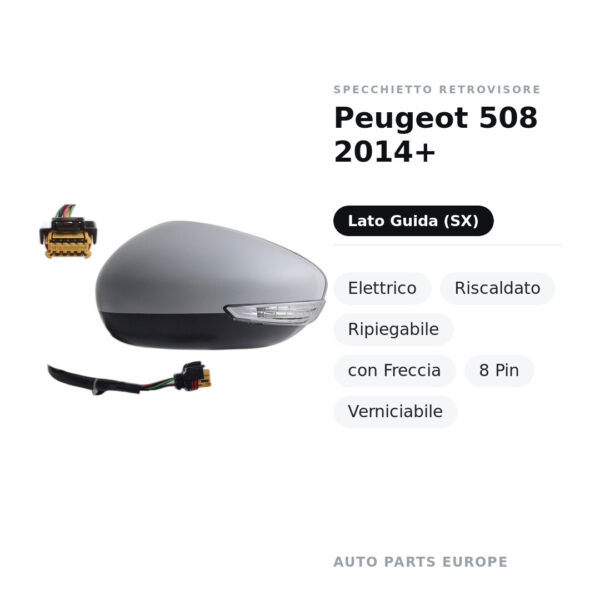 Specchietto Retrovisore Sinistro Peugeot 508 2014+ – Elettrico, Riscaldato, Ripiegabile, con Freccia, 8 Pin, Verniciabile