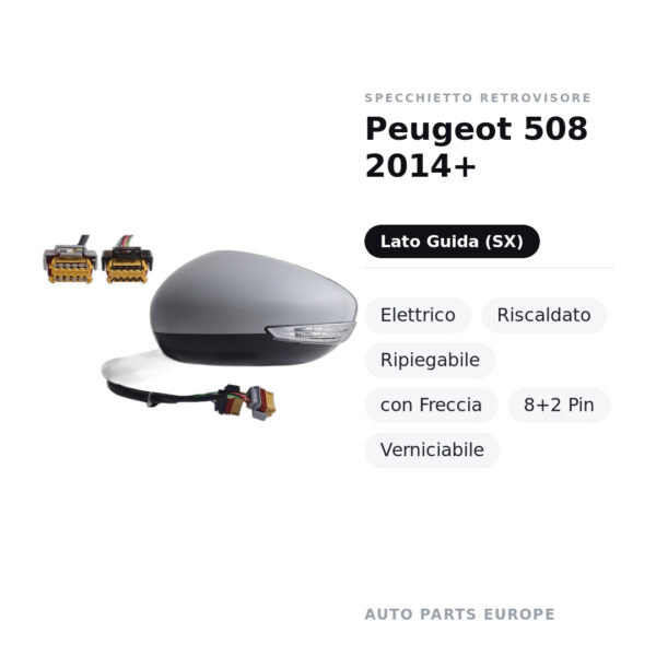Specchietto Retrovisore Sinistro Peugeot 508 2014+ – Elettrico, Riscaldato, Ripiegabile, con Freccia, 8+2 Pin, Verniciabile