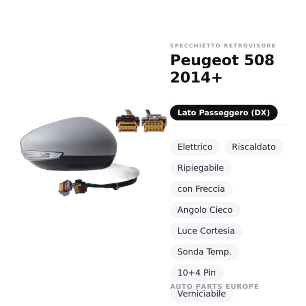 Specchietto Retrovisore Destro Peugeot 508 2014+ – Elettrico, Riscaldato, Ripiegabile, con Freccia, Angolo Cieco, Luce