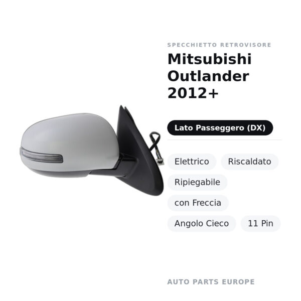 Specchietto Retrovisore Destro Mitsubishi Outlander 2012+ – Elettrico, Riscaldato, Ripiegabile, con Freccia, Angolo Cieco