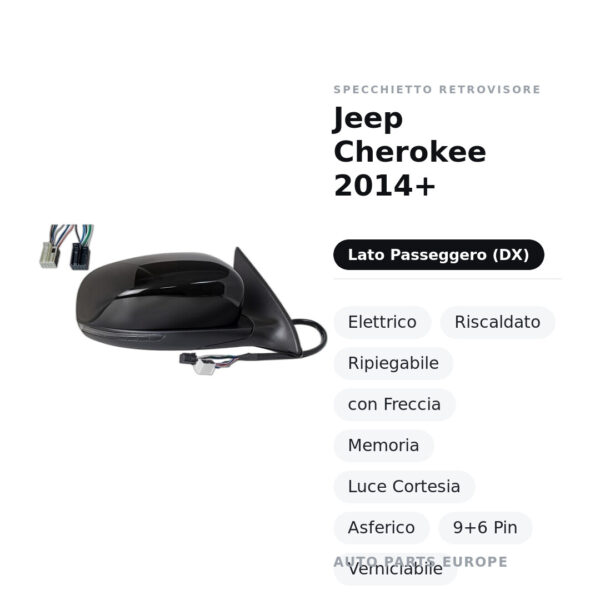 Außenspiegel Rechts Jeep Cherokee 2014+ – Elektrisch, Beheizt, Klappbar, mit Blinker, Memory, Innenleuchte, Asphärisch, 9+6