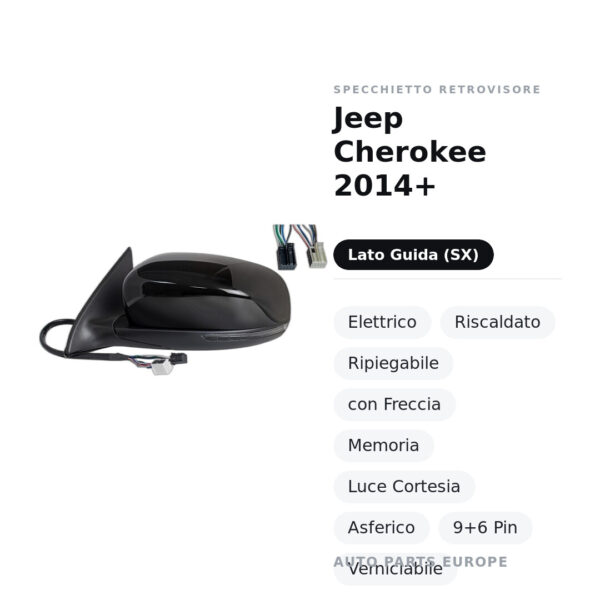 Außenspiegel Links Jeep Cherokee 2014+ – Elektrisch, Beheizt, Klappbar, mit Blinker, Memory, Innenleuchte, Asphärisch, 9+6