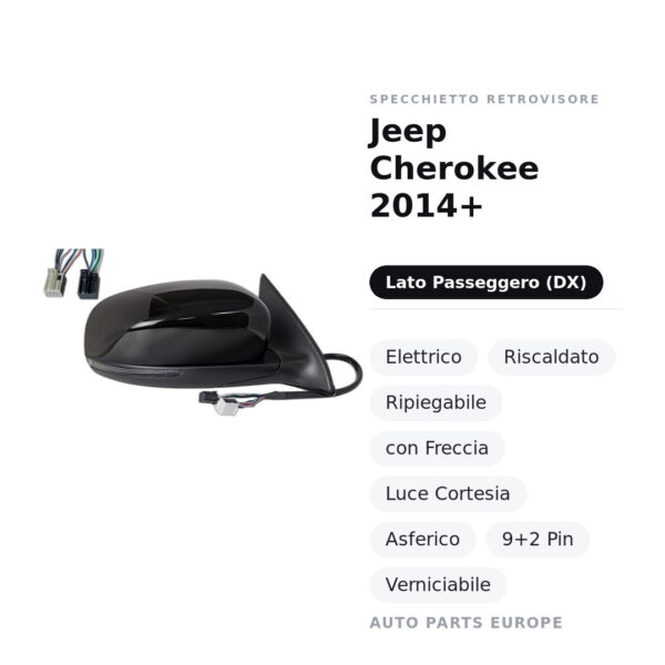 Außenspiegel Rechts Jeep Cherokee 2014+ – Elektrisch, Beheizt, Klappbar, mit Blinker, Innenleuchte, Asphärisch, 9+2 Pin