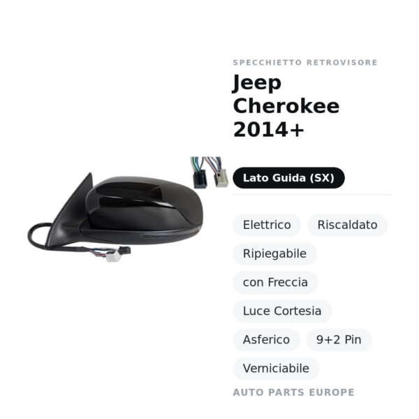 Außenspiegel Links Jeep Cherokee 2014+ – Elektrisch, Beheizt, Klappbar, mit Blinker, Innenleuchte, Asphärisch, 9+2 Pin