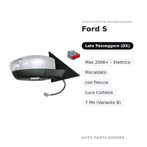 Specchietto Retrovisore Destro Ford S-Max 2006+ – Elettrico, Riscaldato, con Freccia, Luce Cortesia, 7 Pin (Variante B)