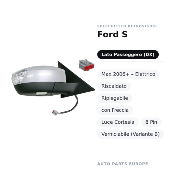 Specchietto Retrovisore Destro Ford S-Max 2006+ – Elettrico, Riscaldato, Ripiegabile, con Freccia, Luce Cortesia, 8 Pin