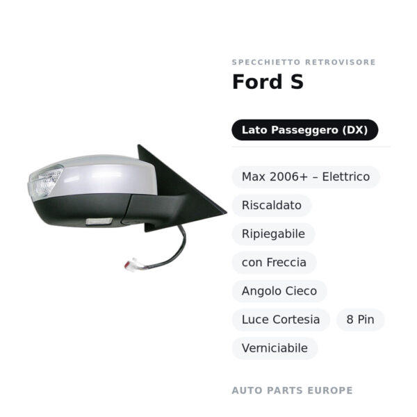 Außenspiegel Rechts Ford S-Max 2006+ – Elektrisch, Beheizt, Klappbar, mit Blinker, Toter-Winkel-Sensor, Innenleuchte