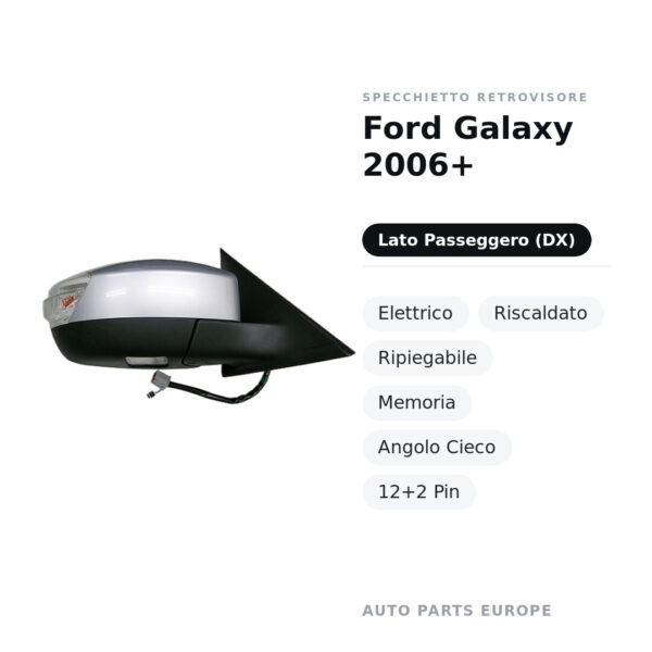 Außenspiegel Rechts Ford Galaxy 2006+ – Elektrisch, Beheizt, Klappbar, Speicher, Toter Winkel, 12+2 Pin – Bild 3