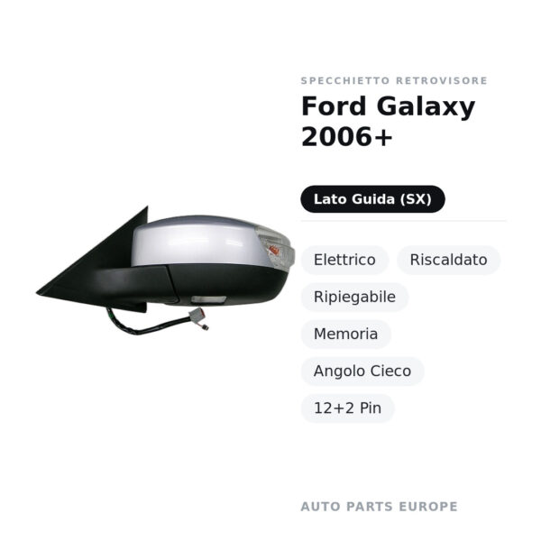 Specchietto Retrovisore Sinistro Ford Galaxy 2006+ – Elettrico, Riscaldato, Ripiegabile, Memoria, Angolo Cieco, 12+2 Pin