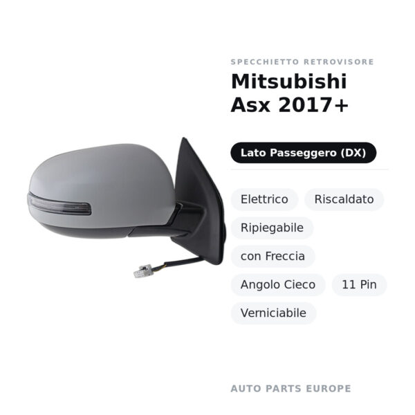 Specchietto Retrovisore Destro Mitsubishi Asx 2017+ – Elettrico, Riscaldato, Ripiegabile, con Freccia, Angolo Cieco, 11 Pin