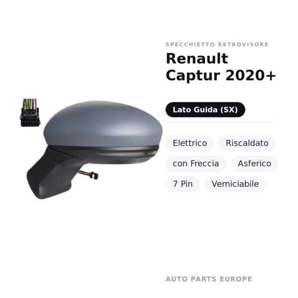 Specchietto Retrovisore Sinistro Renault Captur 2020+ – Elettrico, Riscaldato, con Freccia, Asferico, 7 Pin, Verniciabile