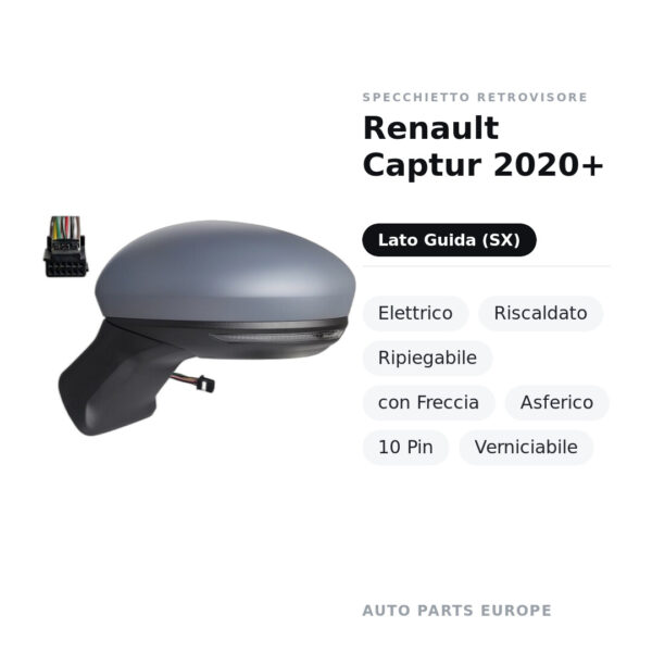 Außenspiegel Links Renault Captur 2020+ – Elektrisch, Beheizt, Klappbar, mit Blinker, Asphärisch, 10 Polig, Lackierbar