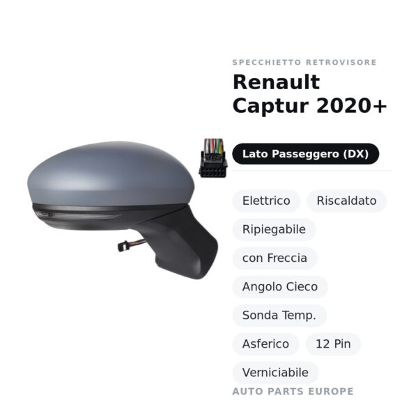 Specchietto Retrovisore Destro Renault Captur 2020+ – Elettrico, Riscaldato, Ripiegabile, con Freccia, Angolo Cieco, Sonda