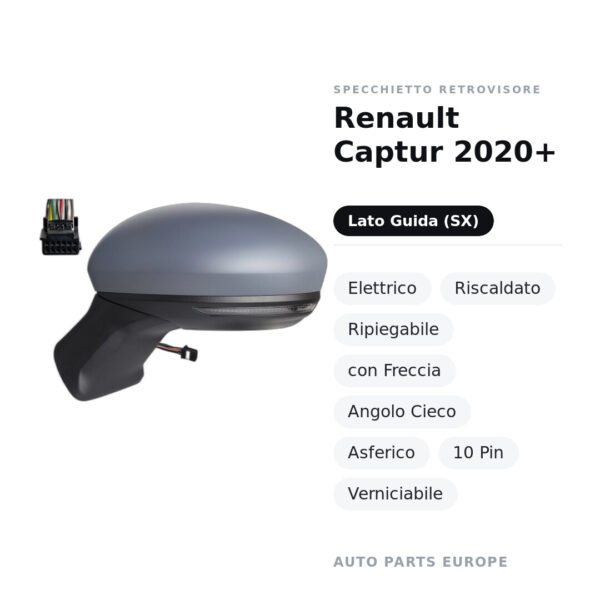 Außenspiegel Links Renault Captur 2020+ – Elektrisch, Beheizt, Klappbar, mit Blinker, Totwinkelassistent, Asphärisch