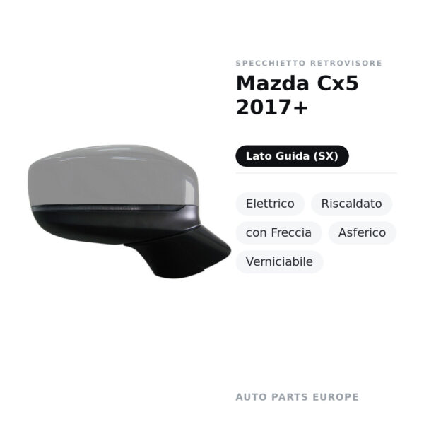 Specchietto Retrovisore Sinistro Mazda Cx5 2017+ – Elettrico, Riscaldato, con Freccia, Asferico, Verniciabile – foto 2