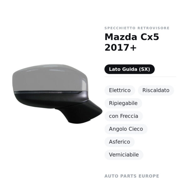 Specchietto Retrovisore Sinistro Mazda Cx5 2017+ – Elettrico, Riscaldato, Ripiegabile, con Freccia, Angolo Cieco, Asferico