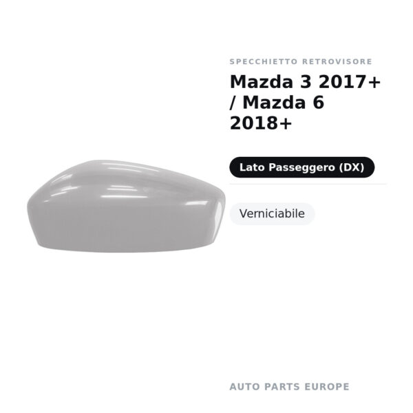 Calotta Specchietto Retrovisore Destro Mazda 3 2017+ / Mazda 6 2018+ – Verniciabile – foto 2