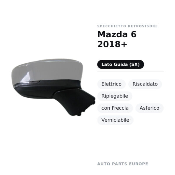 Specchietto Retrovisore Sinistro Mazda 6 2018+ – Elettrico, Riscaldato, Ripiegabile, con Freccia, Asferico, Verniciabile