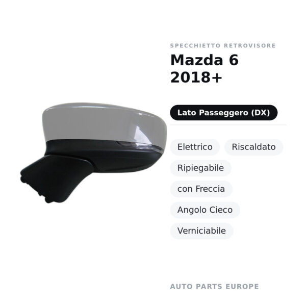 Specchietto Retrovisore Destro Mazda 6 2018+ – Elettrico, Riscaldato, Ripiegabile, con Freccia, Angolo Cieco, Verniciabile