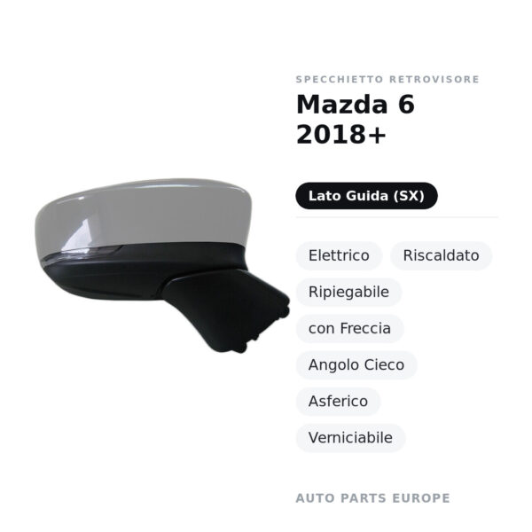 Außenspiegel Links Mazda 6 2018+ – Elektrisch, Beheizt, Klappbar, mit Blinker, Toter-Winkel-Sensor, Asphärisch, Lackierbar