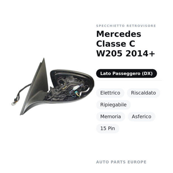 Außenspiegel Rechts Mercedes Klasse C W205 2014+ – Elektrisch, Beheizt, Klappbar, Memory, Asphärisch, 15 Pin – Bild 2