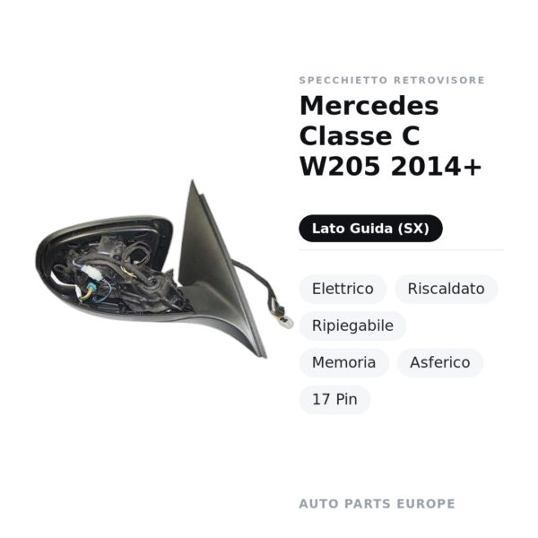 Specchietto Retrovisore Sinistro Mercedes Classe C W205 2014+ – Elettrico, Riscaldato, Ripiegabile, Memoria, Asferico, 17