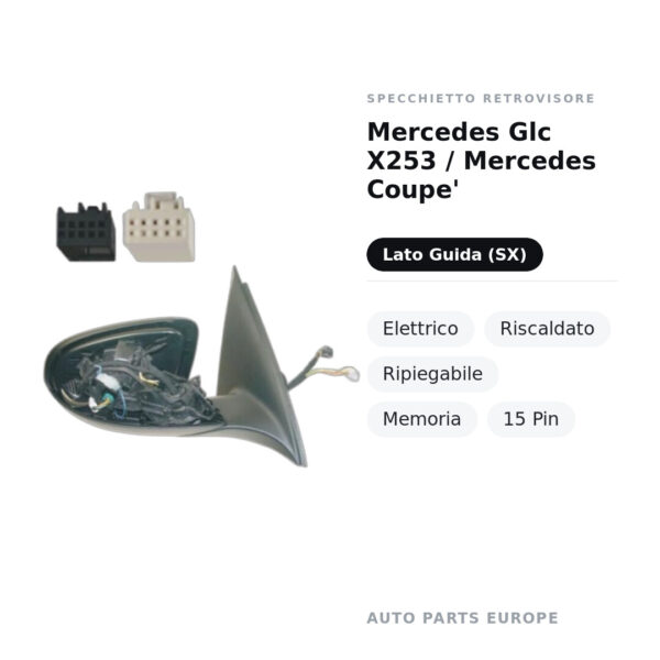 Specchietto Retrovisore Sinistro Mercedes Glc X253 / Mercedes Coupe’ – Elettrico, Riscaldato, Ripiegabile, Memoria, 15 Pin