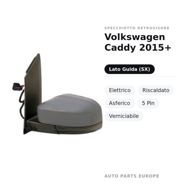 Specchietto Retrovisore Sinistro Volkswagen Caddy 2015+ – Elettrico, Riscaldato, Asferico, 5 Pin, Verniciabile – foto 2