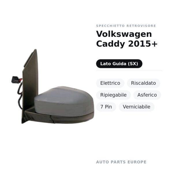 Specchietto Retrovisore Sinistro Volkswagen Caddy 2015+ – Elettrico, Riscaldato, Ripiegabile, Asferico, 7 Pin, Verniciabile