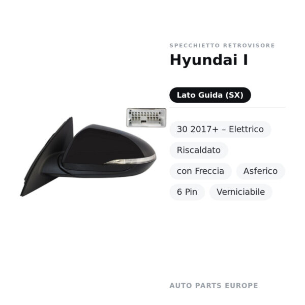 Specchietto Retrovisore Sinistro Hyundai I-30 2017+ – Elettrico, Riscaldato, con Freccia, Asferico, 6 Pin, Verniciabile