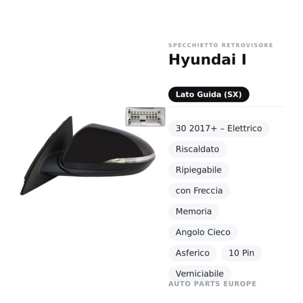Außenspiegel Links Hyundai I-30 2017+ – Elektrisch, Beheizt, Klappbar, mit Blinker, Memory, Totwinkelassistent, Asphärisch