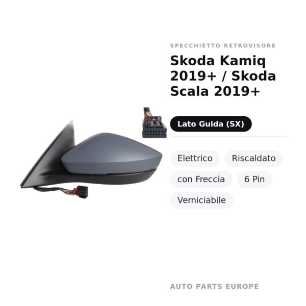 Außenspiegel Links Skoda Kamiq 2019+ / Skoda Scala 2019+ – Elektrisch, Beheizt, mit Blinker, 6-Pin, Lackierbar – Bild 2