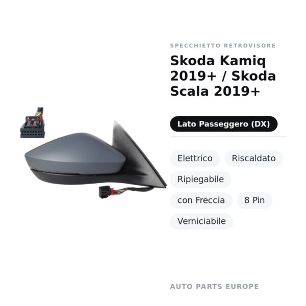 Specchietto Retrovisore Destro Skoda Kamiq 2019+ / Skoda Scala 2019+ – Elettrico, Riscaldato, Ripiegabile, con Freccia, 8