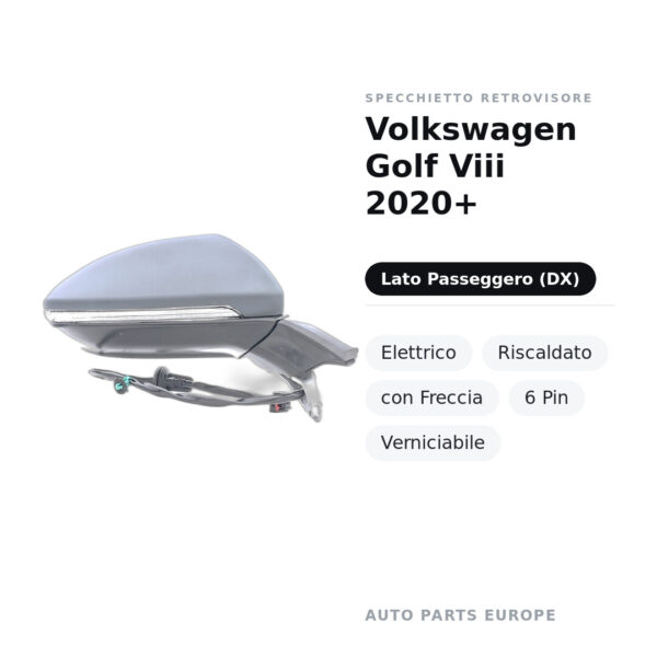 Außenspiegel Rechts Volkswagen Golf VIII 2020+ – Elektrorückspiegel, beheizt, mit Blinker, 6 Pin, lackierbar – Bild 2