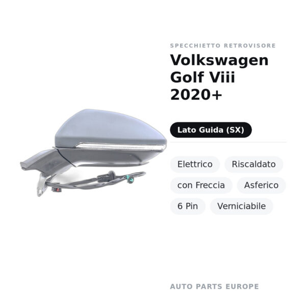 Specchietto Retrovisore Sinistro Volkswagen Golf Viii 2020+ – Elettrico, Riscaldato, con Freccia, Asferico, 6 Pin