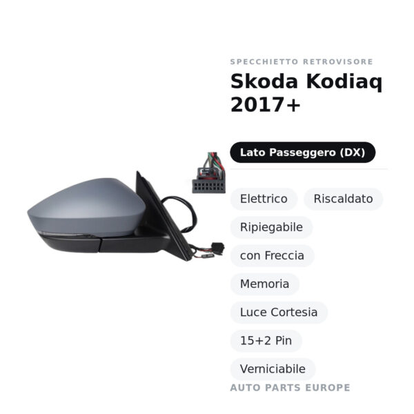 Specchietto Retrovisore Destro Skoda Kodiaq 2017+ – Elettrico, Riscaldato, Ripiegabile, con Freccia, Memoria, Luce Cortesia