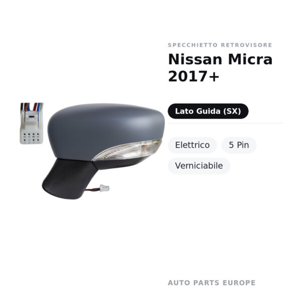 Außenspiegel Links Nissan Micra 2017+ – Elektrisch, 5-polig, Lackierbar – Bild 2