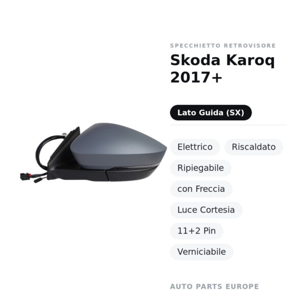 Specchietto Retrovisore Sinistro Skoda Karoq 2017+ – Elettrico, Riscaldato, Ripiegabile, con Freccia, Luce Cortesia, 11+2