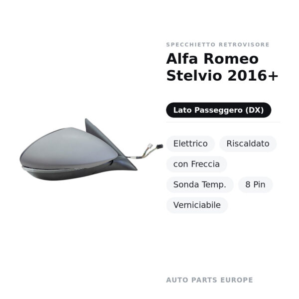 Specchietto Retrovisore Destro Alfa Romeo Stelvio 2016+ – Elettrico, Riscaldato, con Freccia, Sonda Temp., 8 Pin
