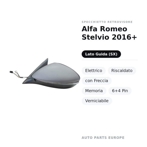 Specchietto Retrovisore Sinistro Alfa Romeo Stelvio 2016+ – Elettrico, Riscaldato, con Freccia, Memoria, 6+4 Pin