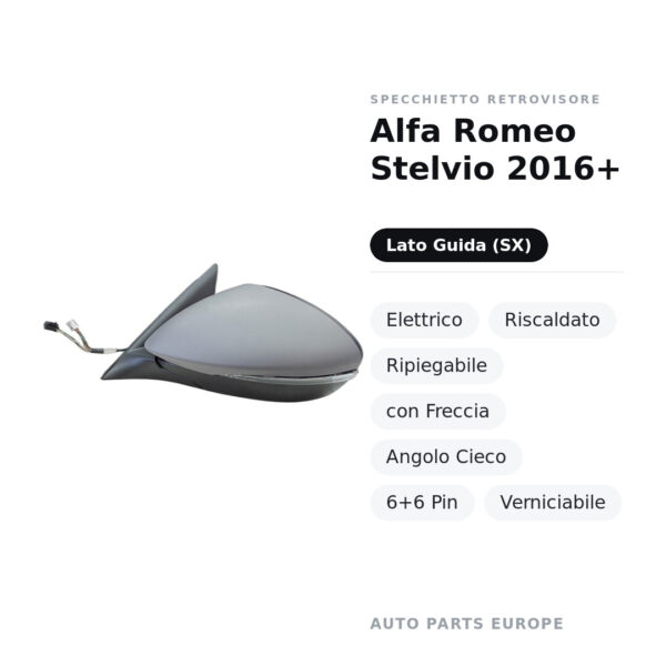 Außenspiegel Links Alfa Romeo Stelvio 2016+ – Elektrisch, Beheizt, Klappbar, mit Blinker, Totwinkel, 6+6 Pin, Lackierbar