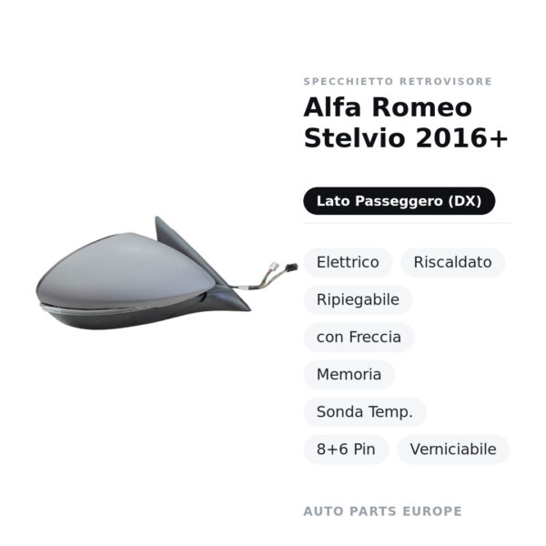 Außenspiegel Rechts Alfa Romeo Stelvio 2016+ – Elektr., Beheizt, Klappbar, mit Blinker, Memory, Temperatursensor, 8+6 Pin