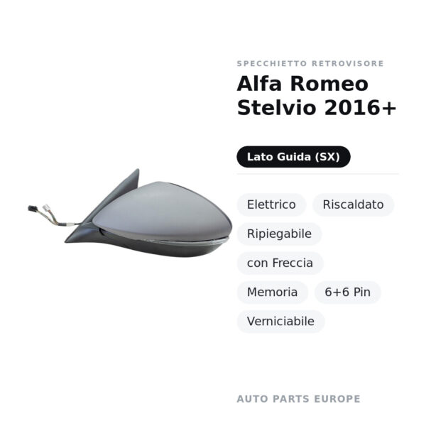 Specchietto Retrovisore Sinistro Alfa Romeo Stelvio 2016+ – Elettrico, Riscaldato, Ripiegabile, con Freccia, Memoria, 6+6