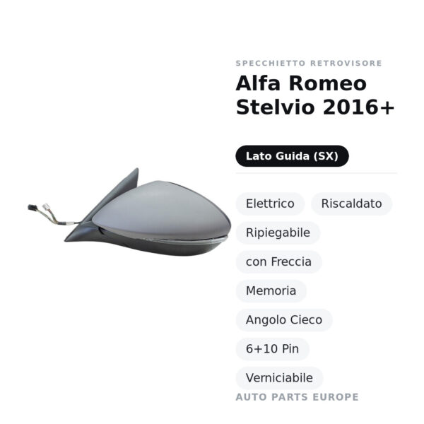 Außenspiegel Links Alfa Romeo Stelvio 2016+ – Elektrisch, Beheizt, Klappbar, mit Blinker, Speicher, Totwinkel, 6+10 Pin