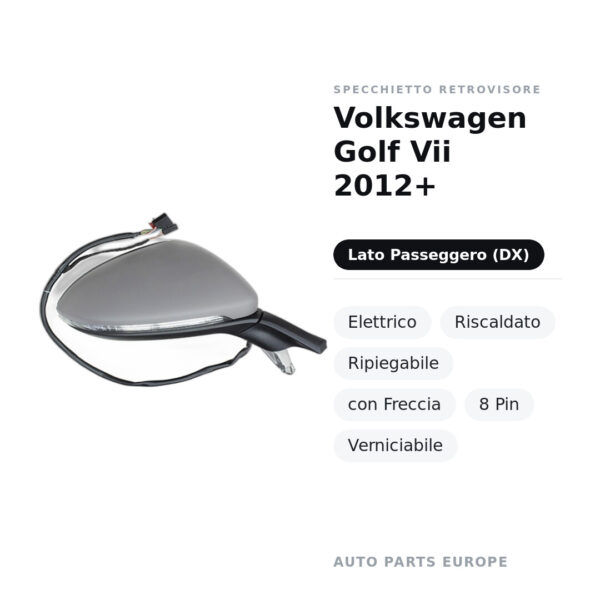 Specchietto Retrovisore Destro Volkswagen Golf Vii 2012+ – Elettrico, Riscaldato, Ripiegabile, con Freccia, 8 Pin